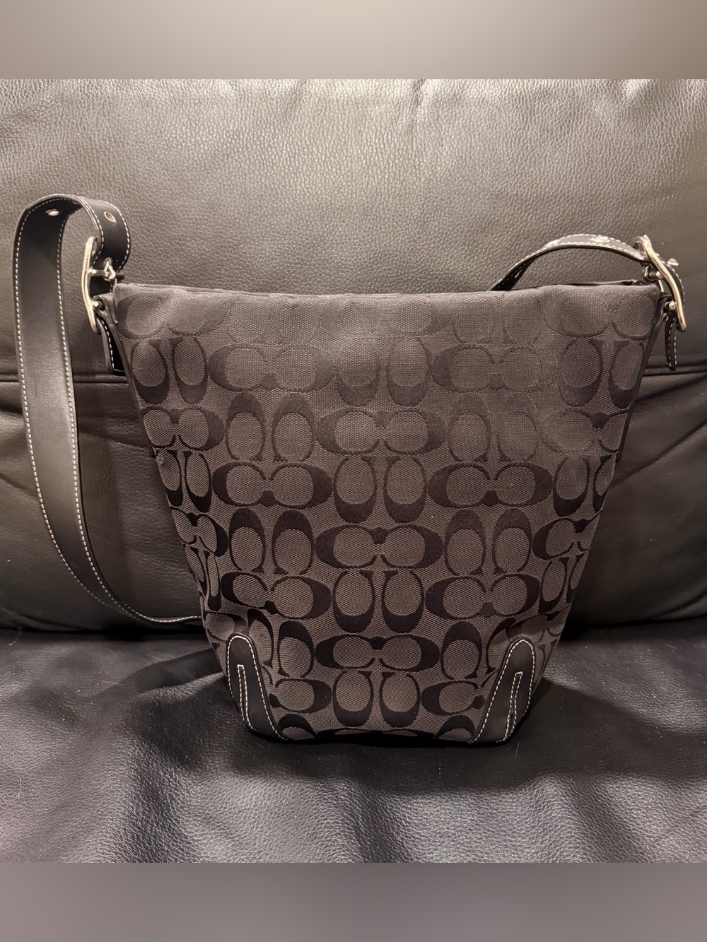 Coach Vintage y2k Signature Jacquard Bucket Hobo Bag - Black Canvas & Leather